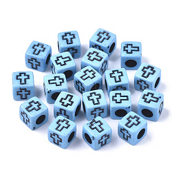 Acrylic Beads, Cube with Cross, Deep Sky Blue, 6x6x6mm, Hole: 3mm, about 30000pcs/5000g