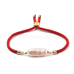 Adjustable Nylon Twisted Cord Slider Bracelets, Link Bracelets, with Natural Baroque Pearl Keshi Pearl Beads and Tree of Life Brass Beads, Red, Inner Diameter: 2-1/2 inch(6.5cm)