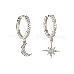 Boucles d'oreilles asymétriques étoile et lune en zircone cubique transparente, boucles d'oreilles créoles en laiton pour femmes, platine, 29~33x17.5x2mm