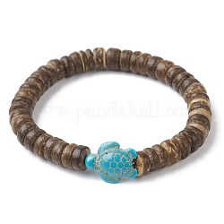 Disque de noix de coco naturel et bracelet extensible en perles de tortue turquoise synthétique, diamètre intérieur: 2-1/8 pouce (5.5 cm)