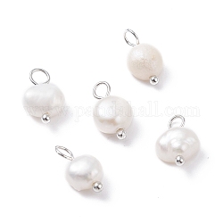 Encantos naturales de perlas cultivadas de agua dulce, con pernos de cabeza esférica de latón platino, oval, blanco, 10~12x6.5~8x4~5.5mm, agujero: 2.3~2.6 mm