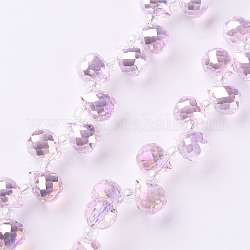 Chapelets de perles en verre transparente  , perles percées, de couleur plaquée ab , larme à facettes, rose, goutte d'eau: 9.5x8mm, Trou: 0.8mm, perles: 3~4x2.5~3.5 mm, Environ 100 pcs/chapelet, 23.62 pouce (60 cm)