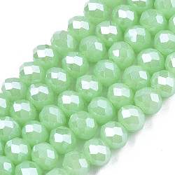 Abalorios de vidrio electroplate hebras, cuentas de jade de imitación, lustre de la perla chapado, facetados, rerondana plana, verde claro, 6x5mm, agujero: 1 mm, aproximamente 87~90 pcs / cadena, 17~17.5 pulgada (42.5~43.75 cm)