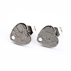 Accessoires de puces d'oreilles en 304 acier inoxydable, avec poussoirs d'oreilles / fermoirs de boucles d'oreilles et trou, forme de coeur avec texturé, couleur inoxydable, 8.4x9x1mm, pin: 0.8 mm