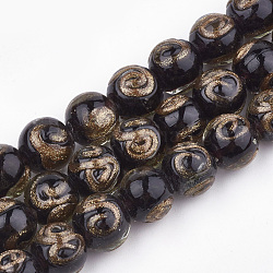 Perles vernissées de sable d'or manuelles , ronde, noir, 10~11x9~9.5mm, Trou: 1.5~2mm