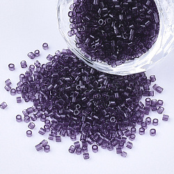Perlas de cilindro de vidrio, abalorios de la semilla, colores transparentes, agujero redondo, púrpura, 1.5~2x1~2mm, agujero: 0.8 mm, aproximamente 8000 unidades / bolsa, aproximamente 85~95 g / bolsa