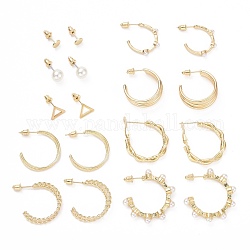 Ring & Triangle & Round Stud Earrings, Resin Pearl Beads Half Hoop Earrings, Open Hoop Earrings for Women, Golden, 6~36x3~12mm, Pin: 0.8~0.9mm, 9 pairs/set