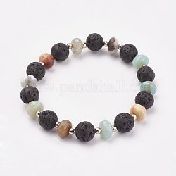 Natural Flower Amazonite & Lava Rock Stretch Bracelets, with Iron Beads, 2 inch(4.9cm)