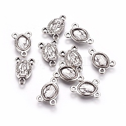 Acoplamientos de componentes de araña de aleación de estilo tibetano, 3 conectores de anillo, oval con virgen maría, piezas centrales del rosario, plata antigua, 15x10.5x2.4mm, agujero: 1.4 mm