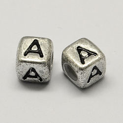 Perline europee in argento antico con foro grande placcato in argento, foro orizzontale, cubo con letter.a, 6x6x6mm, Foro: 4 mm, circa 2950pcs/500g