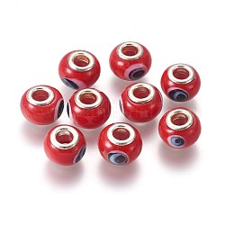 Handmade Lampwork European Beads, with Silver Color Brass Core, Rondelle, Red, about 15mm in diameter, hole: 5mm