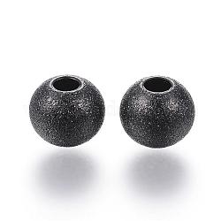 201 Stainless Steel Textured Beads, Round, Electrophoresis Black, 8x7mm, Hole: 3mm