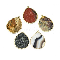 Ciondoli gemma naturali misti, con accessori di ottone, lacrima, oro, 44~45x34~35x2mm, Foro: 2 mm