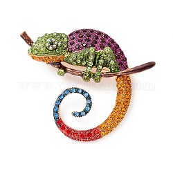 Alloy Enamel Brooches, with Rhinestone, Chameleon, Light Gold, Colorful, 58x71x13mm, Hole: 6.8x6mm, Pin: 0.7mm