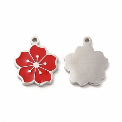 304 Edelstahl Emaille Anhänger / charms, sakura, rot, 14x12x1 mm, Bohrung: 1.2 mm