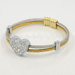 Bracelets de couple pour hommes à la mode, 304 bracelets de corde de strass en acier inoxydable, avec les accessoires en métal, cœur, or et acier inoxydable Couleur, 56.5mm