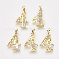 Brass Cubic Zirconia Pendants, Real 14K Gold Plated, Clear, Number, Num.4, 24x16x1.5mm, Hole: 4x3mm