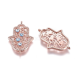 Brass Micro Pave Cubic Zirconia Links connectors, with Enamel, Hamsa Hand/Hand of Fatima/Hand of Miriam with Evil Eye, Colorful, Rose Gold, 25x17x2mm, Hole: 1mm