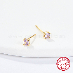 Golden Sterling Silver Micro Pave Cubic Zirconia Stud Earring, Square, Lilac, 4x4mm