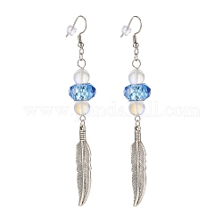 Boucles d'oreilles longues plumes avec perles rondes pour fille femme, argent antique, bleu, 95.5mm, pin: 0.7 mm