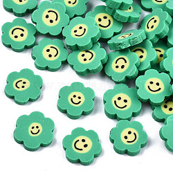 Handmade Polymer Clay Cabochons, Flower with Smile, Medium Sea Green, 9~10x9.5~10.5x2mm, about 5750pcs/1000g