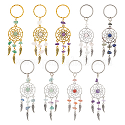 Nbeads 20Pcs 2 Style Woven Net/Web with Feather Alloy Pendant Keychain, with Natural & Synthetic Gemstone and Key Ring, 10.5~10.7cm, 10pcs/style