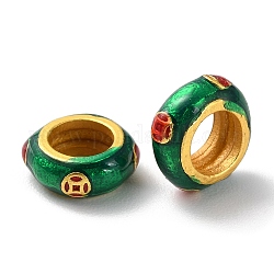 Rack Plating Alloy Enamel European Beads, Cadmium Free & Lead Free, Large Hole Beads, Rondelle, Matte Gold Color, Green, 10x4mm, Hole: 5.5mm