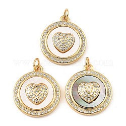 Brass Cubic Zirconia with Shell Pendants, Long-Lasting Plated, Lead Free & Cadmium Free, Flat Round with Heart, Real 18K Gold Plated, 20x18x4mm