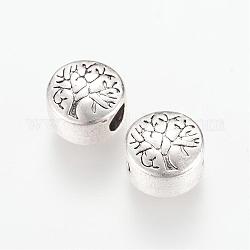 Tibetan Style Alloy European Beads, Large Hole Beads, Flat Round with Tree, Cadmium Free & Nickel Free & Lead Free, Antique Silver, 13x12x9mm, Hole: 4.5mm, about 240pcs/1000g
