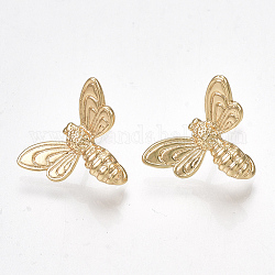 Brass Stud Earring Findings, with Loop, Bee, Nickel Free, Real 18K Gold Plated, 13x17mm, Hole: 1mm, Pin: 0.7mm