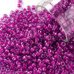 Toho perles de rocaille rondes, Perles de rocaille japonais, (980) lumière lumineuse saphir / doublée rose fluo, 8/0, 3mm, Trou: 1mm, à propos 222pcs / bouteille, 10 g / bouteille