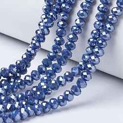 Chapelets de perles en verre électroplaqué, perle plaquée lustre, facette, rondelle, bleu acier, 3x2mm, Trou: 0.8mm, Environ 165~169 pcs/chapelet, 15~16 pouce (38~40 cm)