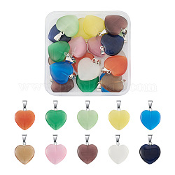 Cheriswelry 20Pcs 10 Colors Cat Eye Pendants, with Platinum Plated Zinc Alloy Finding, Heart, Mixed Color, 23x20x5.5mm, Hole: 7.5x3.5mm, 2pcs/color