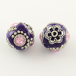 Round Handmade Polymer Clay Rhinestone Indonesia Beads, with Antique Silver Metal Color Brass Cores, Indigo, 18~20mm, Hole: 2mm