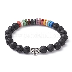 Bracelets extensibles en perles de lave naturelles teintes pour femmes, avec tube en alliage perlé, colorées, diamètre intérieur: 2-1/4 pouce (5.7 cm)