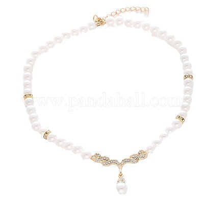 Комплекты из ожерелий и серег-гвоздиков из сплава «крыло ангела» с подвесками из искусственного жемчуга и кристаллов в виде стразов и пластика FS-WG4A79B-01-1