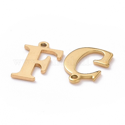 Ion Plating(IP) 304 Stainless Steel Alphabet Charms, Golden, Random Mixed  Letters, 12~12.5x4.5~14.5x0.7~1mm, Hole: 1mm