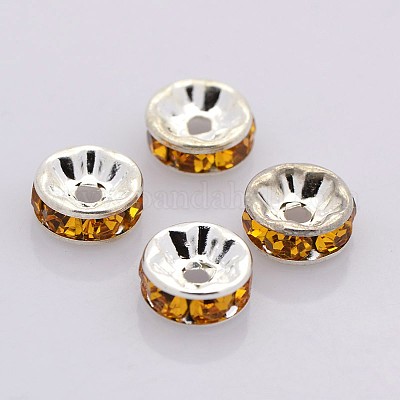 Brass Rhinestone Spacer Beads, Grade A, Rondelle, Silver Color