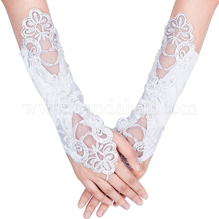 Craspire 結婚式の花嫁のレースの手袋指なしサテン 1920 s 手袋白レース刺繍指なし肘の長さの長い手袋ウェディングパーティー宴会 AJEW-WH0248-19-1