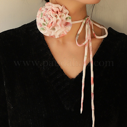 Gargantilla con estampado de flores y lazo rosa para mujer NJEW-Z022-01F-1