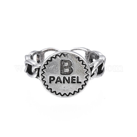 Flat Round with Word B Panel Alloy Open Cuff Finger Ring for Women RJEW-T009-39AS-1