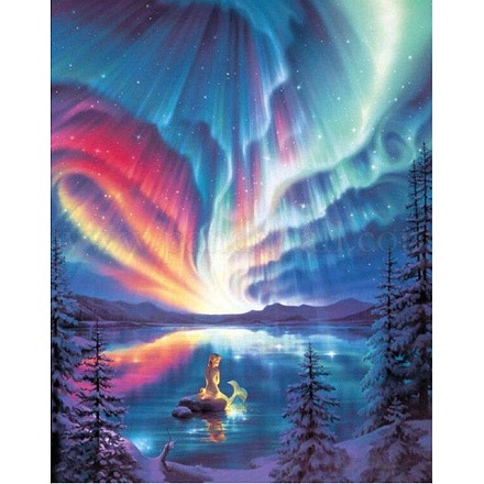 Diamant-Malerei-Set zum Selbermachen mit rechteckigem Wald-Aurora-Meerjungfrau-Landschaftsthema PW-WG20335-03-1