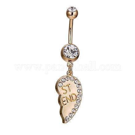Piercing Jewelry Gold Plated Brass Rhinestone Split Heart Navel Ring Belly Rings AJEW-EE0001-99-1