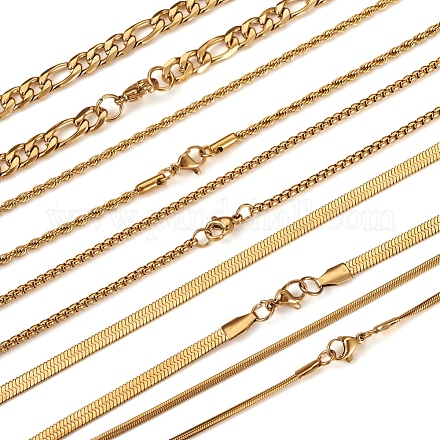 5-teiliges Set aus 5 Halsketten im Stil 304 und 667 aus Edelstahl mit Schlangen- und Figaro- sowie Box- und Fischgrätenketten-Halsketten NJEW-TA0001-13-1