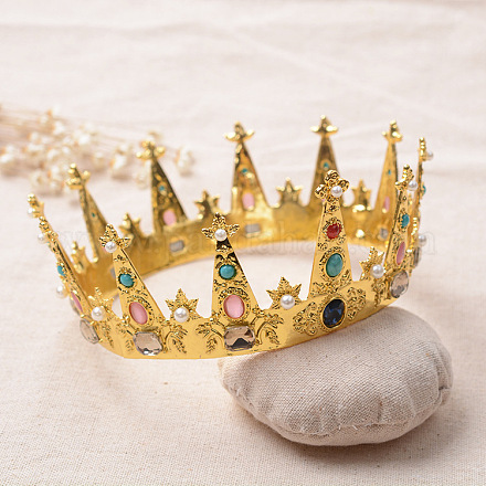 おしゃれな結婚式の王冠  合金ヘアバンド  ブライダルティアラ  ラインストーンとABS樹脂の模造真珠＆宝石  ミックスカラー  ゴールドカラー  130x53mm OHAR-S197-23-1