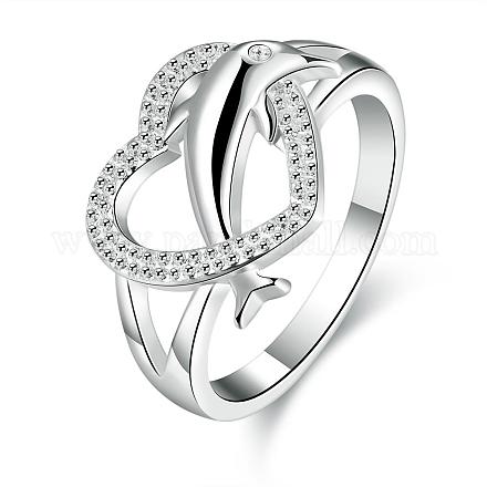 Обручальные кольца из латуни с серебряным покрытием в форме сердца и дельфина RJEW-BB00749-8-1