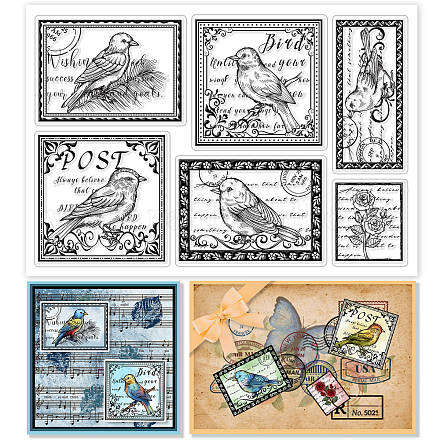 GLOBLELAND Vintage Birds Stamps Background Clear Stamps Retro Flowers Words Frame Silicone Clear Stamp Seals for Cards Making DIY Scrapbooking Photo Journal Album Decoration DIY-WH0167-56-1016-1