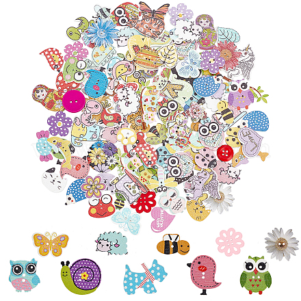 GORGECRAFT 200 PCS Cartoon Wooden Buttons Bulk Assorted Design 2 Holes Cute Animal Mixed Wood Button for Sewing DIY Crafts Scrapbooking Decoration(0.05~0.06inch) WOOD-WH0026-06-1