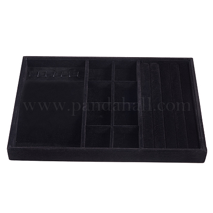 多機能木製ジュエリーディスプレイ  ペセデーションボックス  積み重ね可能なジュエリーディスプレイトレイ  ベルベットで覆われた  長方形  ブラック  34.5x24x3.2cm ODIS-WH0002-02-1