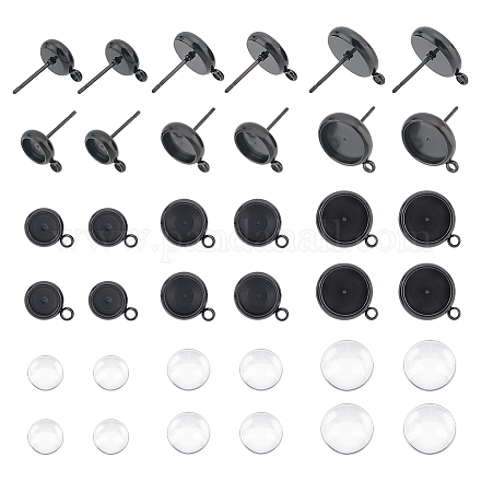 UNICRAFTALE 30pcs 3 Size Tray Stud Earring Making Kits 304 Stainless Steel Stud Earring Bezel with Transparent Glass Cabochons Black Stud Earring Findings with Loop with for Jewelry Making STAS-UN0040-32-1